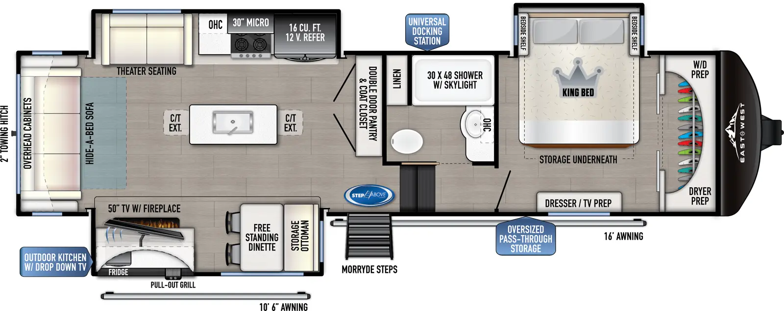 The 3101RL-OK has 3 slideouts and one entry. Exterior features an oversized pass through storage, universal docking station, MORryde steps, outdoor kitchen with drop-down TV, pull-out grill and refrigerator, 10 foot 6 inch awning and 16 foot awning, and 2 inch towing hitch. Interior layout front to back: front closet with washer/dryer prep, off-door side king bed slideout with storage underneath, and door side dresser with TV prep; off-door side full bathroom with overhead cabinet, linen closet, and shower with skylight; steps down to main living area and entry; double door pantry and coat closet along inner wall; off-door side slideout with 12V refrigerator, overhead cabinet, microwave, cooktop, and theater seating; kitchen island with sink and extensions; door side slideout with free-standing dinette with storage ottoman, and TV with fireplace; rear hide-a-bed sofa and overhead cabinet.